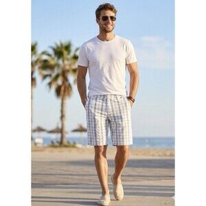 Hurley Men's Plaid Chino Shorts White Blue Cotton Blend Slash Pockets